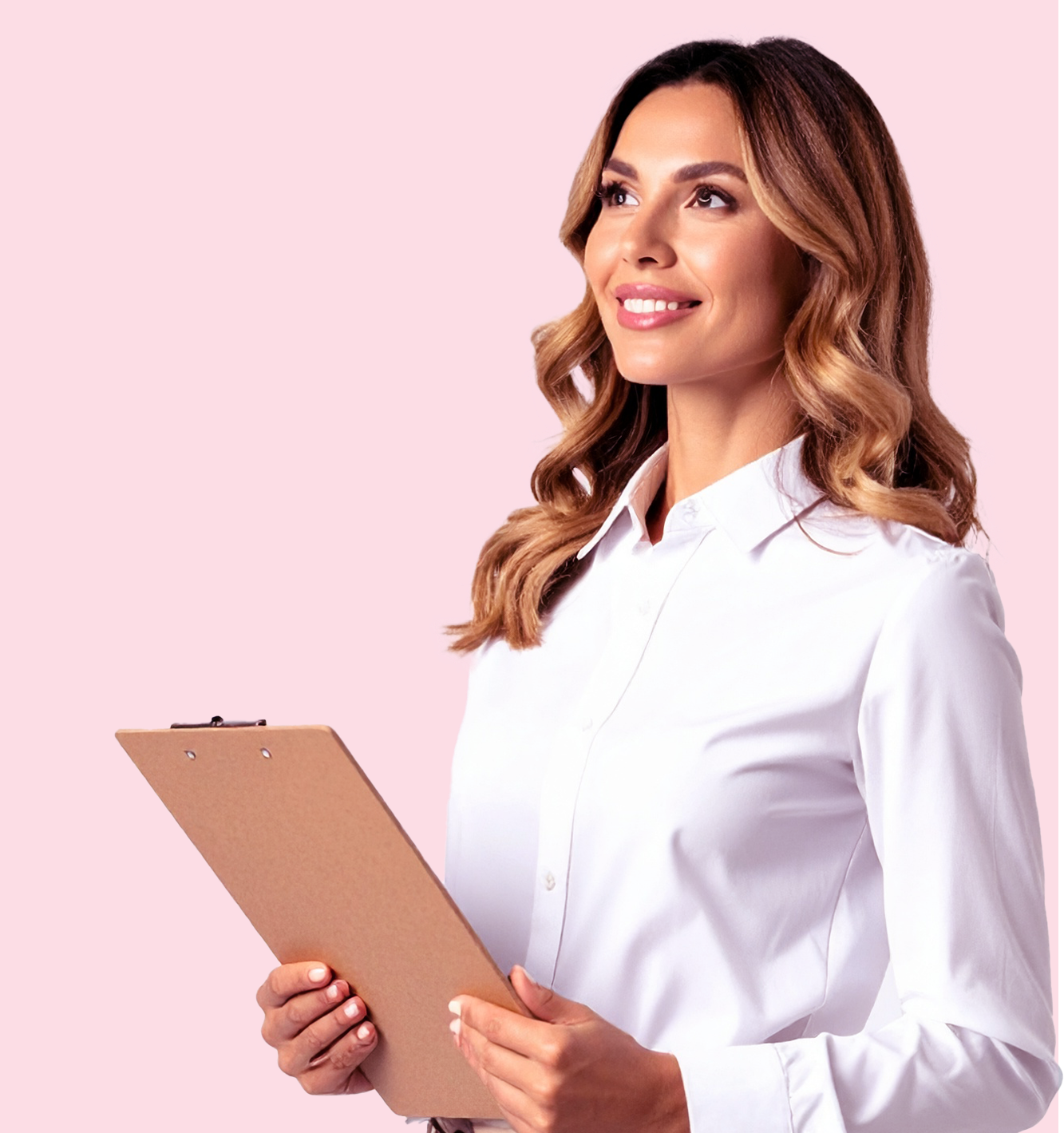 a trip planner looking to the left with a clipboard in hand